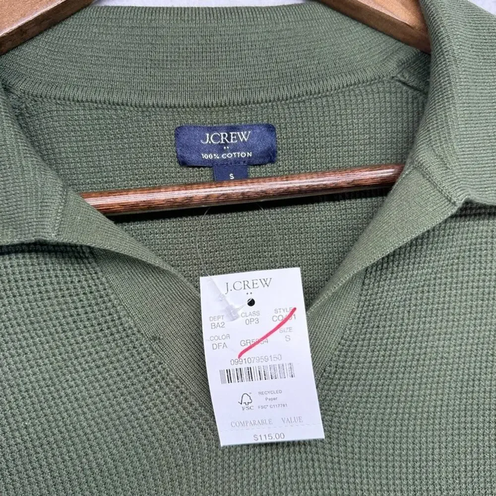 J Crew Polo Shirt Mens Small Green Sweater Thermal Waffle Knit Johnny Collar NEW